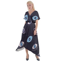 Eyes Evil Eye Blue Pattern Design Cross Front Sharkbite Hem Maxi Dress by artworkshop