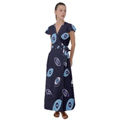 Eyes Evil Eye Blue Pattern Design Flutter Sleeve Maxi Dress by artworkshop