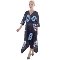 Eyes Evil Eye Blue Pattern Design Quarter Sleeve Wrap Front Maxi Dress by artworkshop