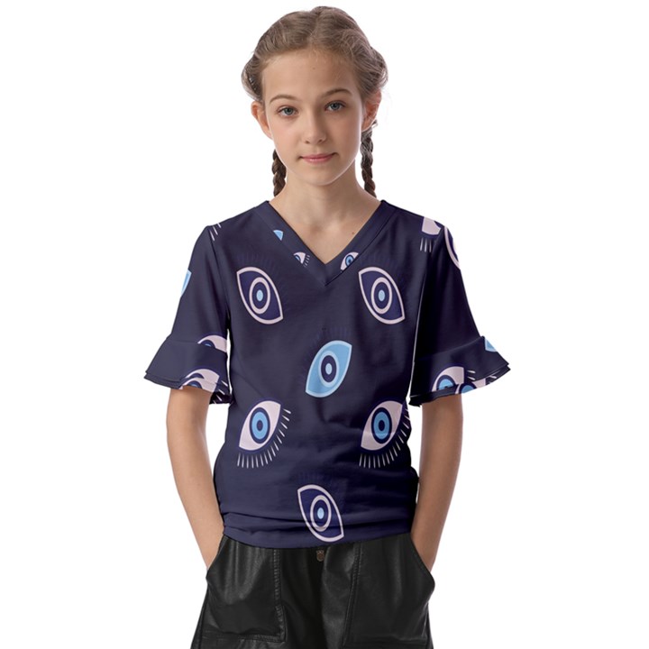 Eyes Evil Eye Blue Pattern Design Kids  V-Neck Horn Sleeve Blouse