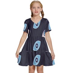 Eyes Evil Eye Blue Pattern Design Kids  Short Sleeve Tiered Mini Dress