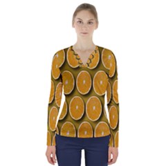 Oranges Slices  Pattern V-neck Long Sleeve Top by artworkshop