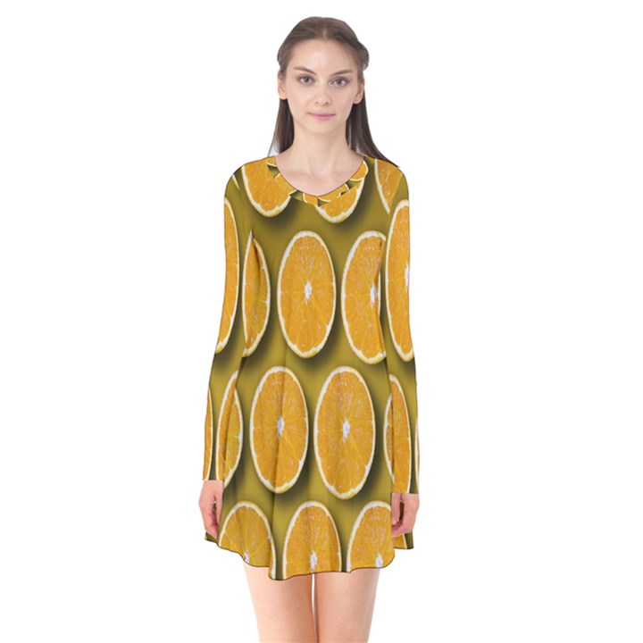 Oranges Slices  Pattern Long Sleeve V-neck Flare Dress