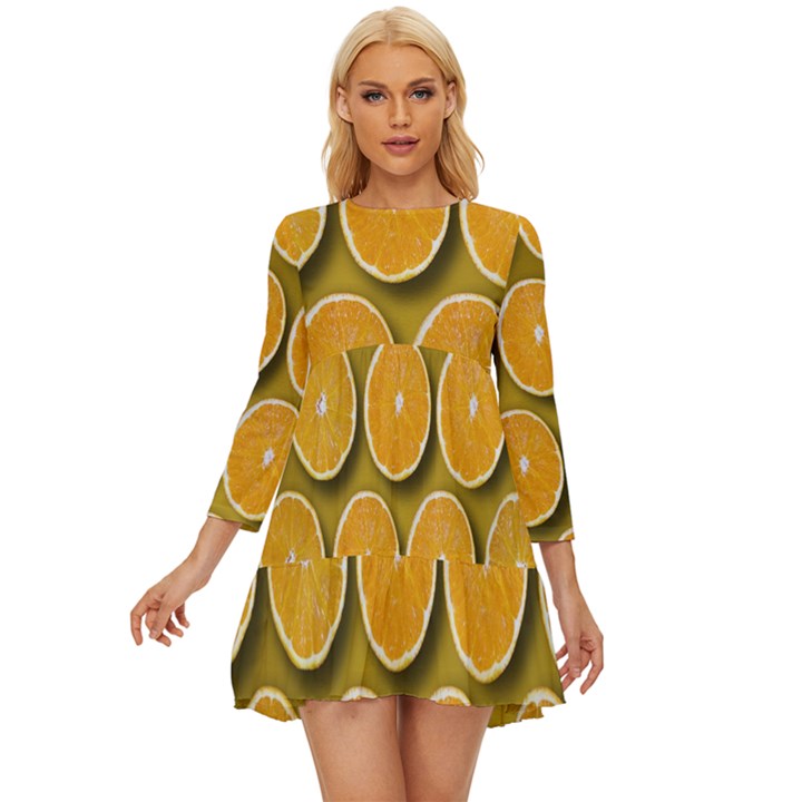 Oranges Slices  Pattern Long Sleeve Babydoll Dress