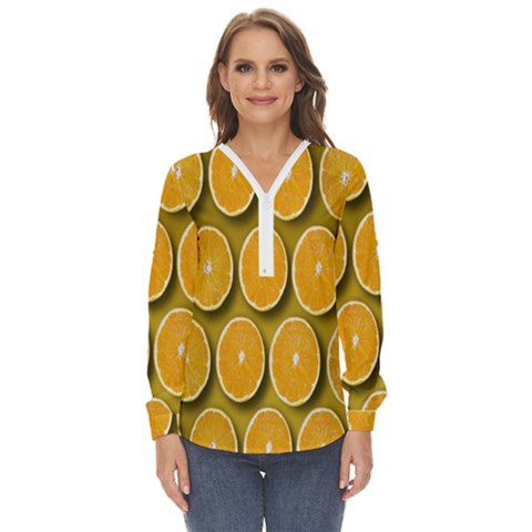 Oranges Slices  Pattern Zip Up Long Sleeve Blouse by artworkshop