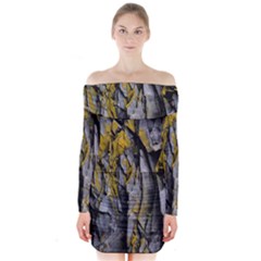 Rock Wall Crevices Geology Pattern Shapes Texture Long Sleeve Off Shoulder Dress by artworkshop