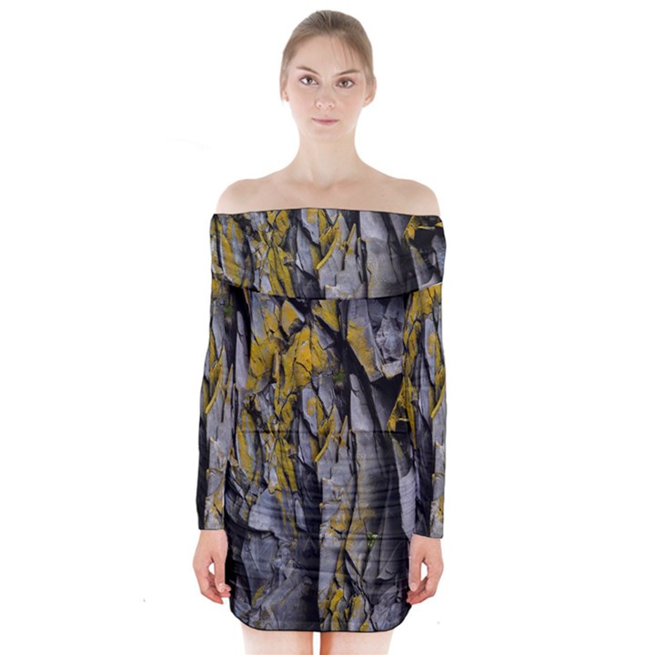 Rock Wall Crevices Geology Pattern Shapes Texture Long Sleeve Off Shoulder Dress