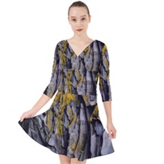 Rock Wall Crevices Geology Pattern Shapes Texture Quarter Sleeve Front Wrap Dress by artworkshop