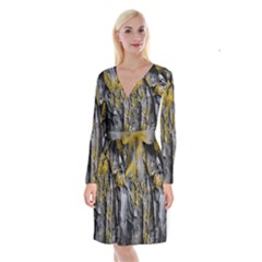 Rock Wall Crevices Geology Pattern Shapes Texture Long Sleeve Velvet Front Wrap Dress by artworkshop