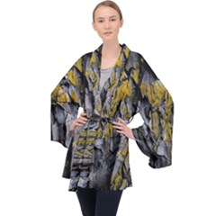 Rock Wall Crevices Geology Pattern Shapes Texture Long Sleeve Velvet Kimono  by artworkshop