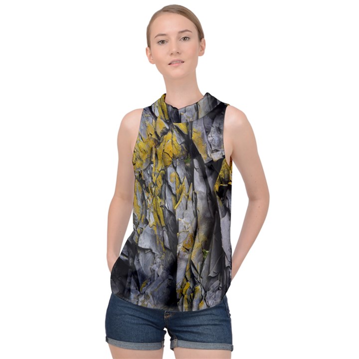 Rock Wall Crevices Geology Pattern Shapes Texture High Neck Satin Top