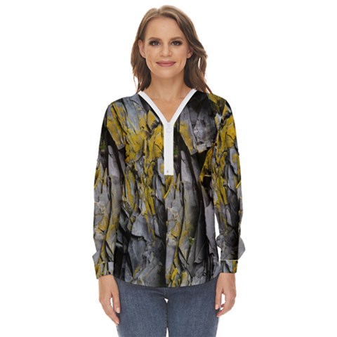 Rock Wall Crevices Geology Pattern Shapes Texture Zip Up Long Sleeve Blouse by artworkshop