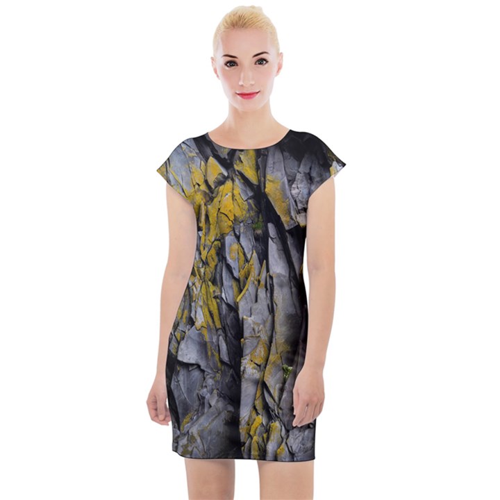 Rock Wall Crevices Geology Pattern Shapes Texture Cap Sleeve Bodycon Dress