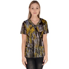 Rock Wall Crevices Geology Pattern Shapes Texture Women s V-neck Scrub Top by artworkshop