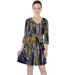 Rock Wall Crevices Geology Pattern Shapes Texture Quarter Sleeve Ruffle Waist Dress by artworkshop