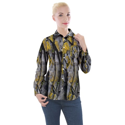 Rock Wall Crevices Geology Pattern Shapes Texture Women s Long Sleeve Pocket Shirt by artworkshop