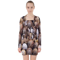 Snail Shells Pattern Arianta Arbustorum V-neck Bodycon Long Sleeve Dress by artworkshop