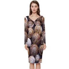 Snail Shells Pattern Arianta Arbustorum Long Sleeve V-neck Bodycon Dress 