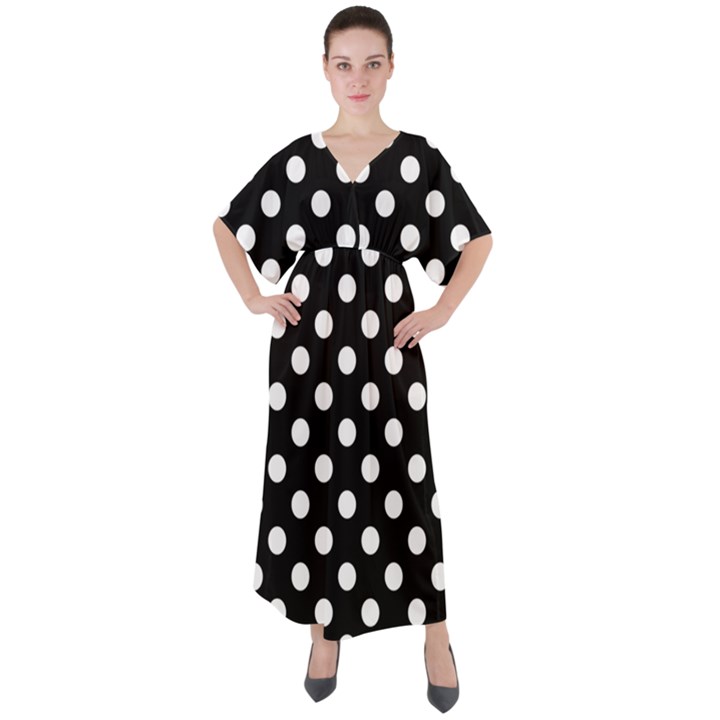 Polka-02 White-black V-Neck Boho Style Maxi Dress