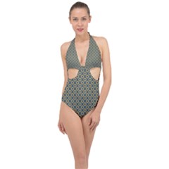 Polka-dots-gray Halter Front Plunge Swimsuit by nate14shop