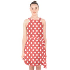 Polka-dots-red Halter Collar Waist Tie Chiffon Dress by nate14shop