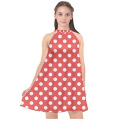 Polka-dots-red Halter Neckline Chiffon Dress  by nate14shop