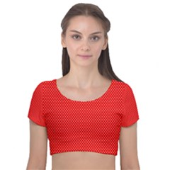 Red-polka Velvet Short Sleeve Crop Top  by nate14shop