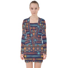 Bohemian-ethnic-seamless-pattern-with-tribal-stripes V-neck Bodycon Long Sleeve Dress by Wegoenart