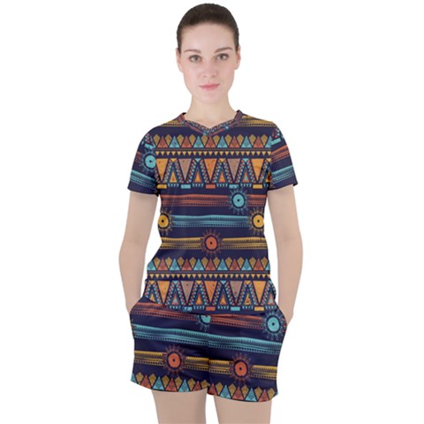 Bohemian-ethnic-seamless-pattern-with-tribal-stripes Women s Tee And Shorts Set by Wegoenart