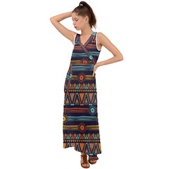 Bohemian-ethnic-seamless-pattern-with-tribal-stripes V-neck Chiffon Maxi Dress by Wegoenart