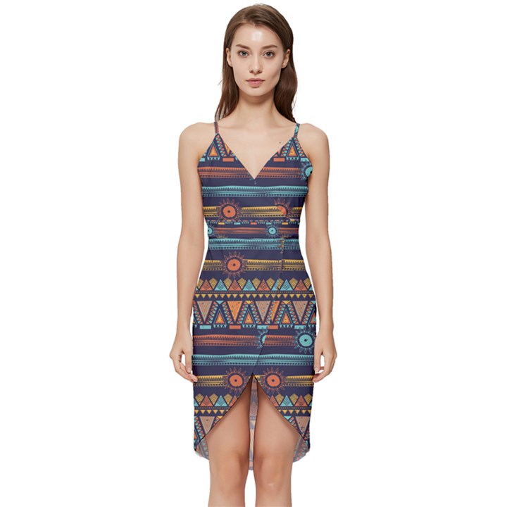 Bohemian-ethnic-seamless-pattern-with-tribal-stripes Wrap Frill Dress