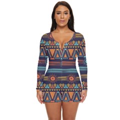 Bohemian-ethnic-seamless-pattern-with-tribal-stripes Long Sleeve Boyleg Swimsuit by Wegoenart