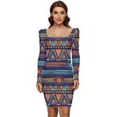 Bohemian-ethnic-seamless-pattern-with-tribal-stripes Women Long Sleeve Ruched Stretch Jersey Dress by Wegoenart