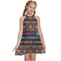 Bohemian-ethnic-seamless-pattern-with-tribal-stripes Kids  Halter Collar Waist Tie Chiffon Dress