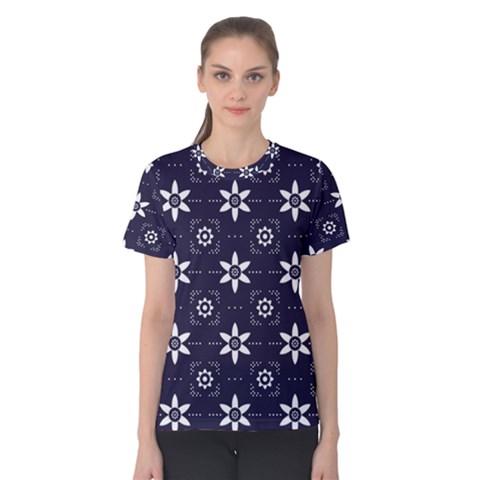 White Blue Floral Pattern Women s Cotton Tee by designsbymallika