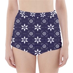 White Blue Floral Pattern High-waisted Bikini Bottoms by designsbymallika