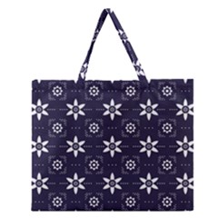 White Blue Floral Pattern Zipper Large Tote Bag by designsbymallika