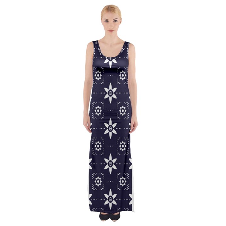 White Blue Floral Pattern Thigh Split Maxi Dress