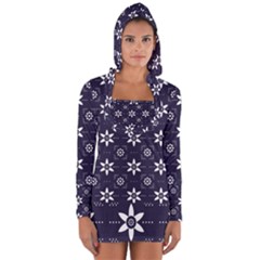 White Blue Floral Pattern Long Sleeve Hooded T-shirt by designsbymallika