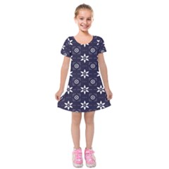 White Blue Floral Pattern Kids  Short Sleeve Velvet Dress by designsbymallika