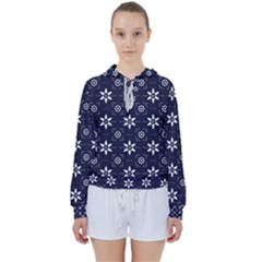 White Blue Floral Pattern Women s Tie Up Sweat