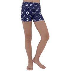 White Blue Floral Pattern Kids  Lightweight Velour Yoga Shorts by designsbymallika