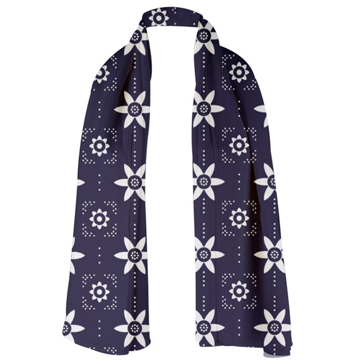 White Blue Floral Pattern Lightweight Scarf 