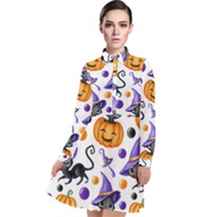 Halloween Cat Pattern Long Sleeve Chiffon Shirt Dress by designsbymallika