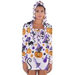 Halloween Cat Pattern Long Sleeve Hooded T-shirt by designsbymallika