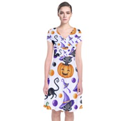 Halloween Cat Pattern Short Sleeve Front Wrap Dress by designsbymallika