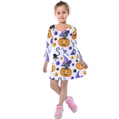 Halloween Cat Pattern Kids  Long Sleeve Velvet Dress by designsbymallika