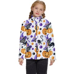 Halloween Cat Pattern Kids  Puffer Bubble Jacket Coat by designsbymallika