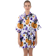 Halloween Cat Pattern Half Sleeve Satin Kimono  by designsbymallika