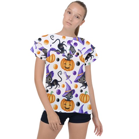 Halloween Cat Pattern Ruffle Collar Chiffon Blouse by designsbymallika